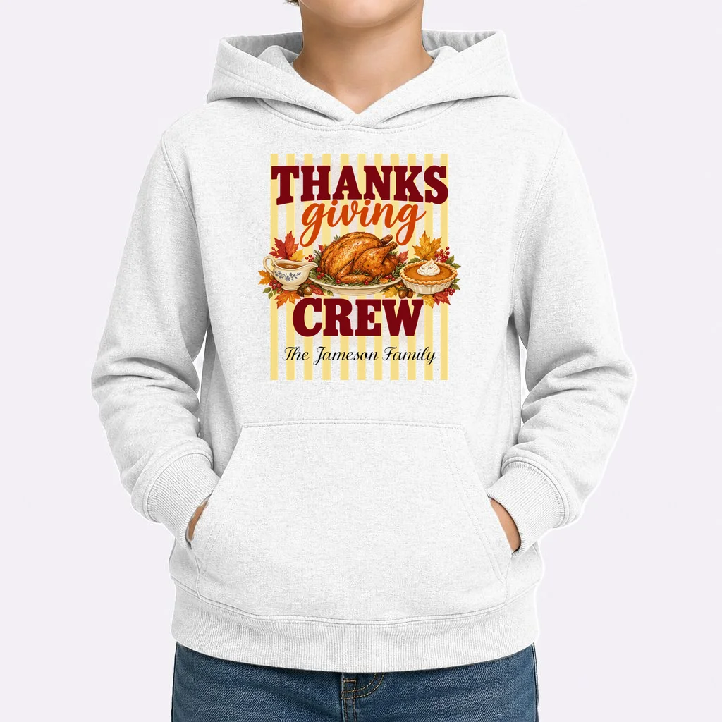 Thanksgiving Crew Personalized Family Name Custom Gift - Vintage Turkey & Pumpkin Pie Thanksgiving Design Kids Hoodie - Front 1
