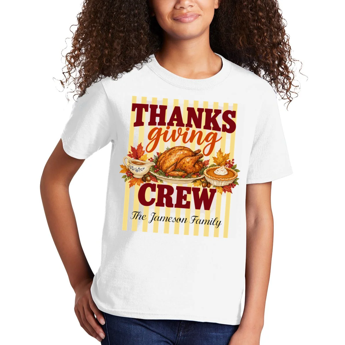 Thanksgiving Crew Personalized Family Name Custom Gift - Vintage Turkey & Pumpkin Pie Thanksgiving Design Kids T-Shirt - Front 1