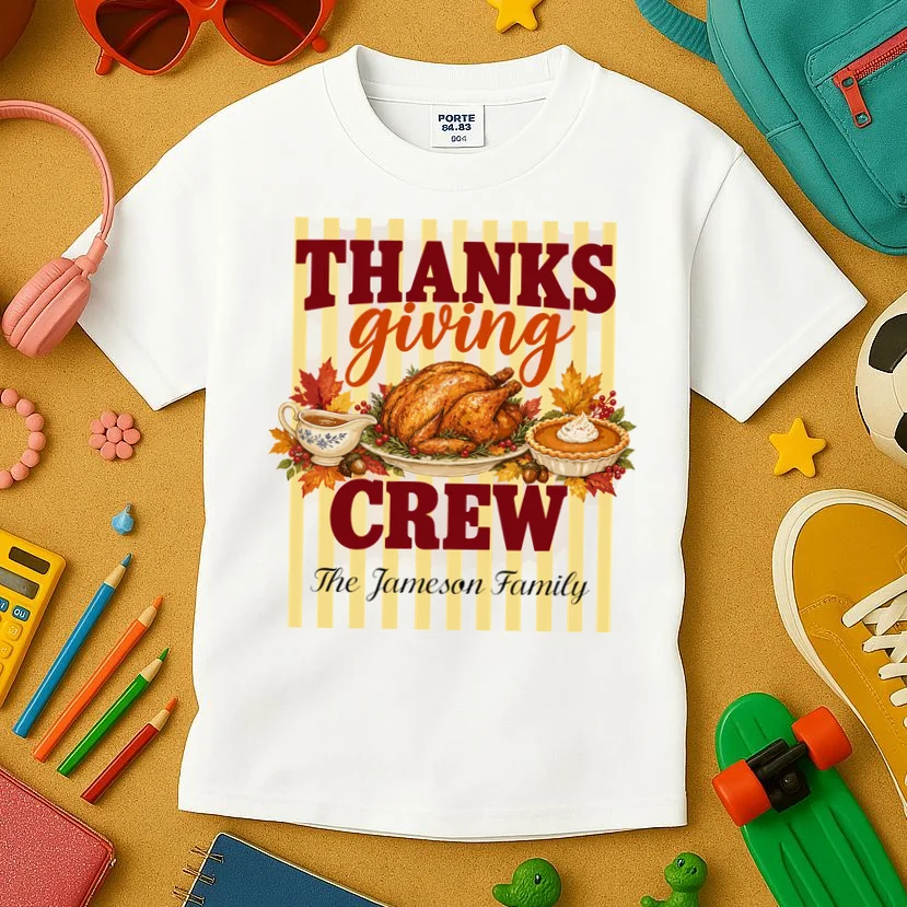 Thanksgiving Crew Personalized Family Name Custom Gift - Vintage Turkey & Pumpkin Pie Thanksgiving Design Kids T-Shirt - Front 2