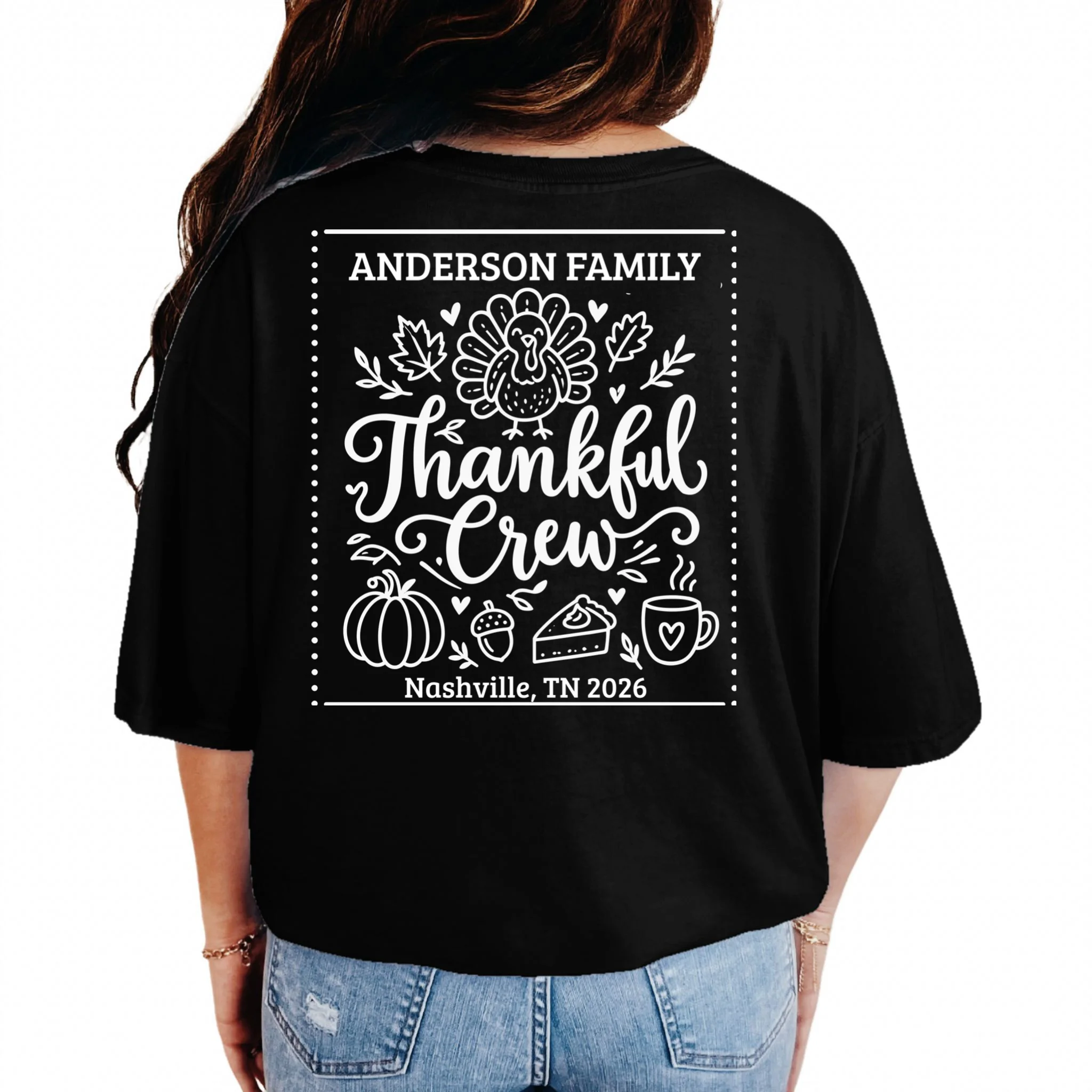 Thanksgiving Family Matching Personalized Name & Location Gift - Thankful Crew Custom Family Design Comfort Colors Unisex T-Shirt - Back