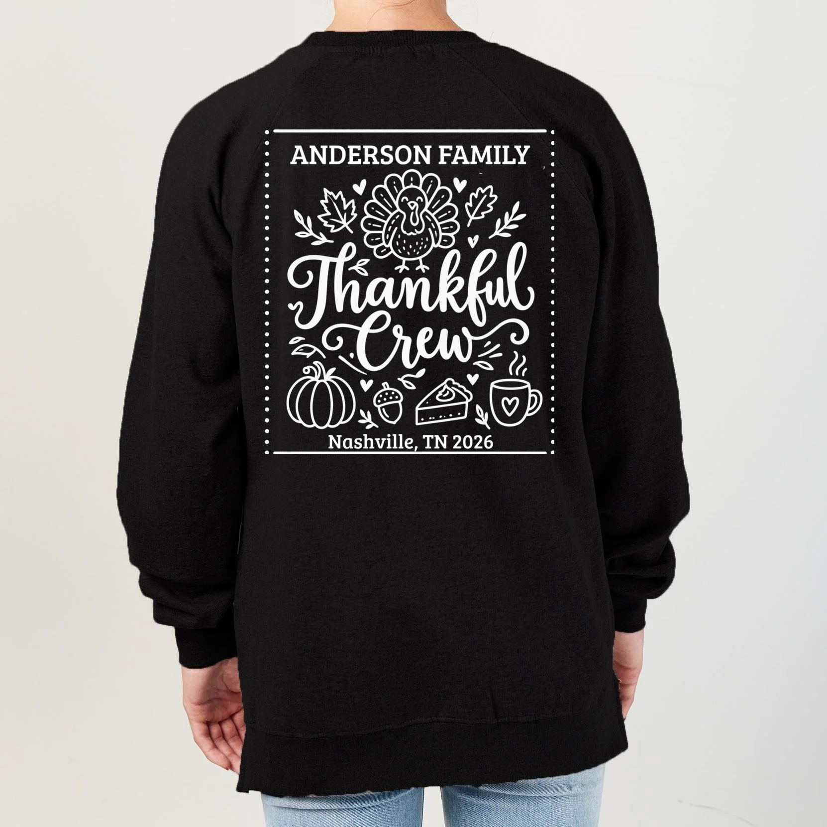 Thanksgiving Family Matching Personalized Name & Location Gift - Thankful Crew Custom Family Design Women's Sweatshirt - Back - Close-up