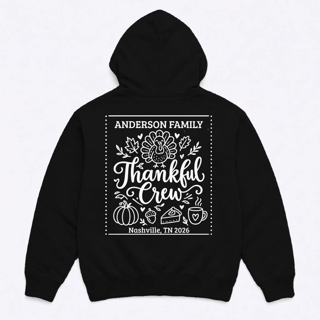 Thanksgiving Family Matching Personalized Name & Location Gift - Thankful Crew Custom Family Design Men's Hoodie - Back