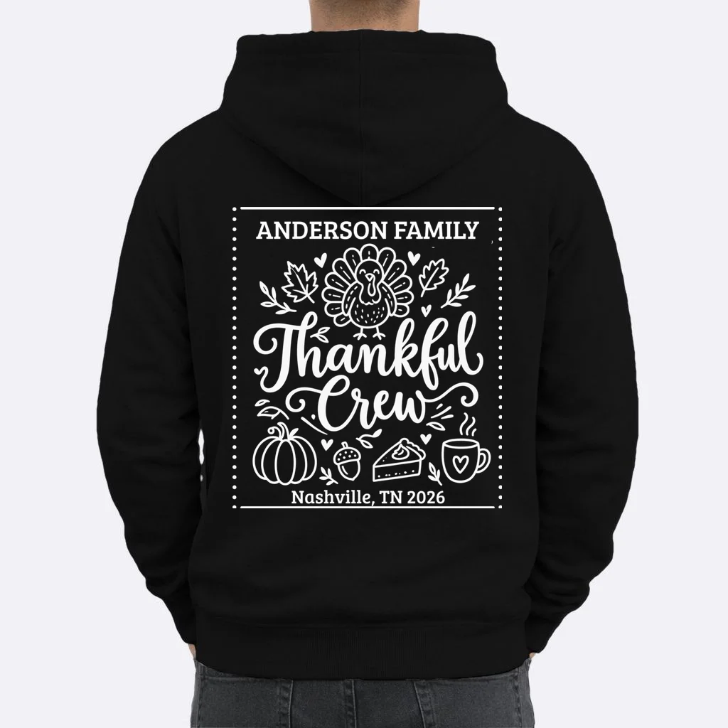 Thanksgiving Family Matching Personalized Name & Location Gift - Thankful Crew Custom Family Design Men's Hoodie - Back 1