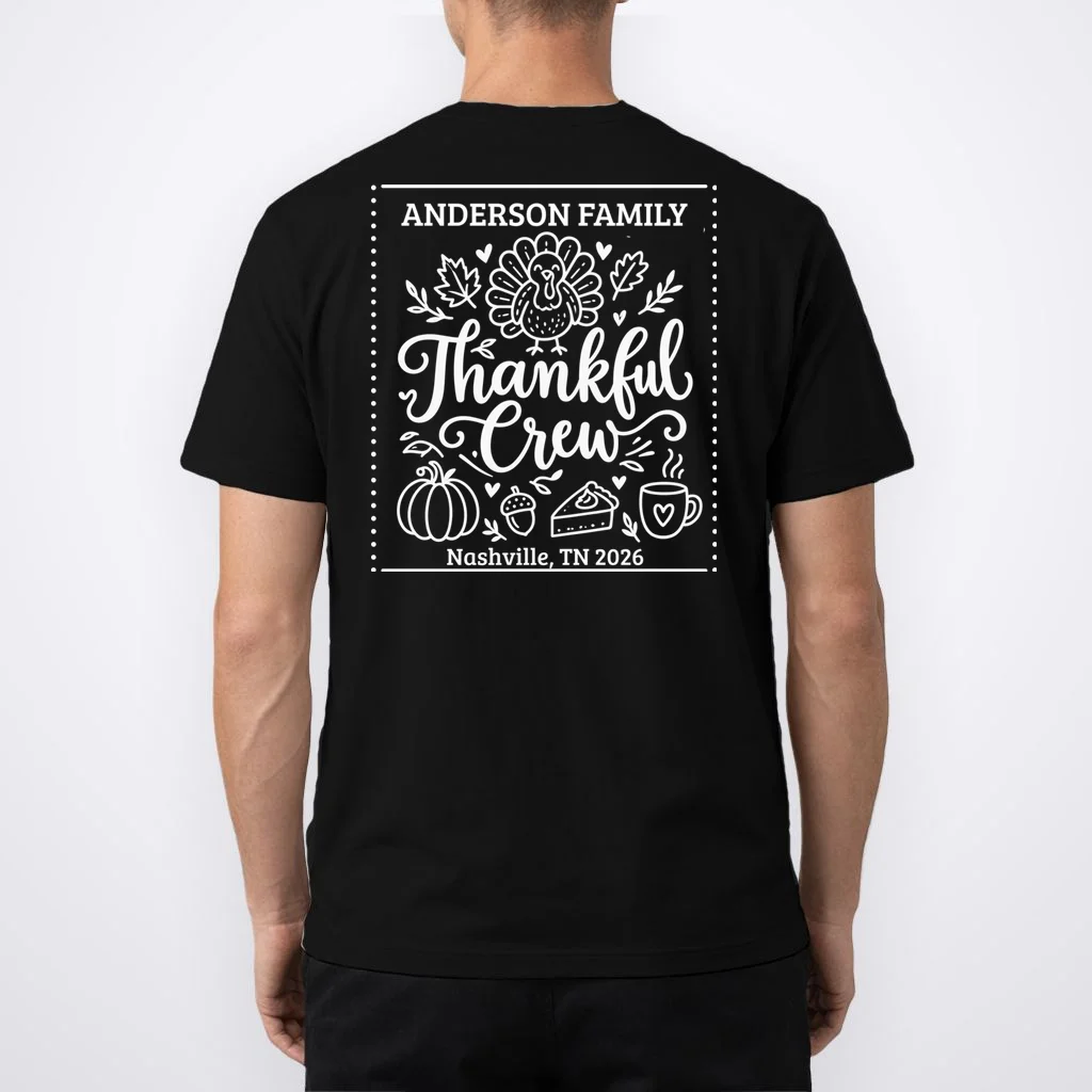 Thanksgiving Family Matching Personalized Name & Location Gift - Thankful Crew Custom Family Design Men's T-Shirt - Back 1