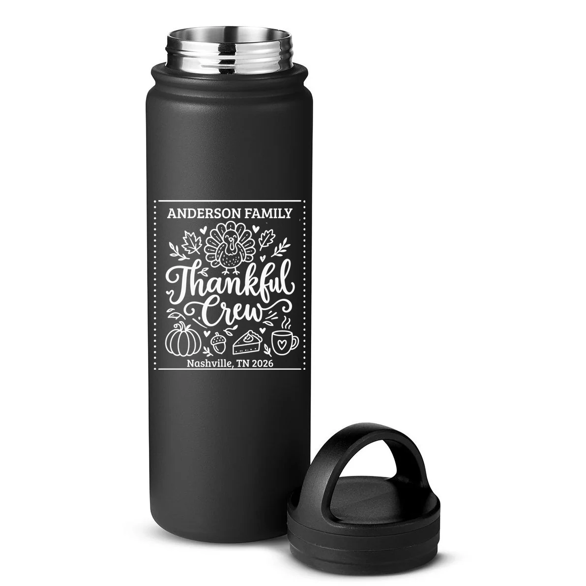 Thanksgiving Family Matching Personalized Name & Location Gift - Thankful Crew Custom Family Design 24oz Water Bottle - Back - Close-up