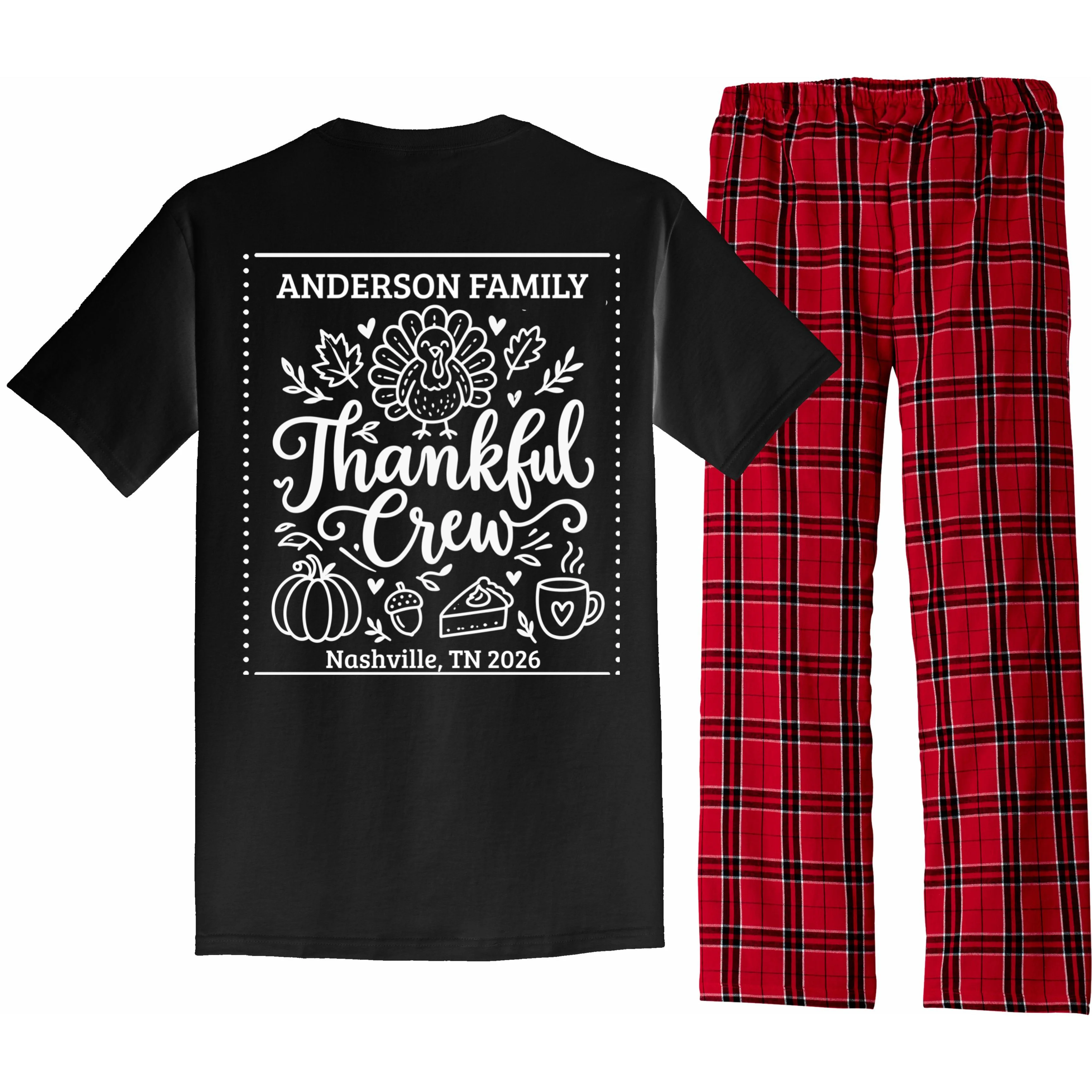 Thanksgiving Family Matching Personalized Name & Location Gift - Thankful Crew Custom Family Design Men's Pajamas - Back - Close-up