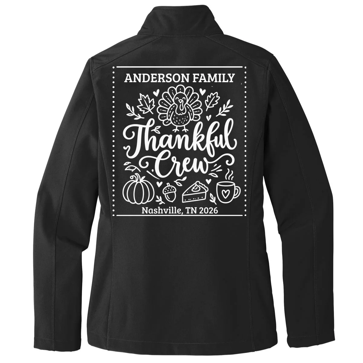 Thanksgiving Family Matching Personalized Name & Location Gift - Thankful Crew Custom Family Design Women's Soft Jacket - Back - Close-up