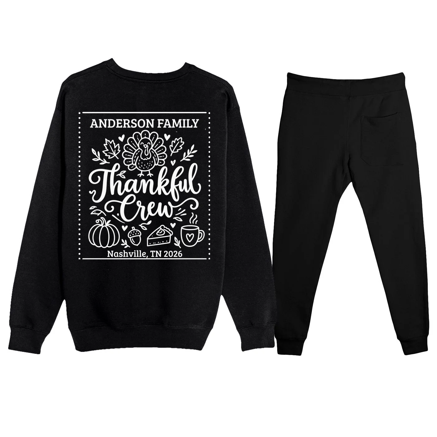 Thanksgiving Family Matching Personalized Name & Location Gift - Thankful Crew Custom Family Design Men's Sweatsuit - Back - Close-up