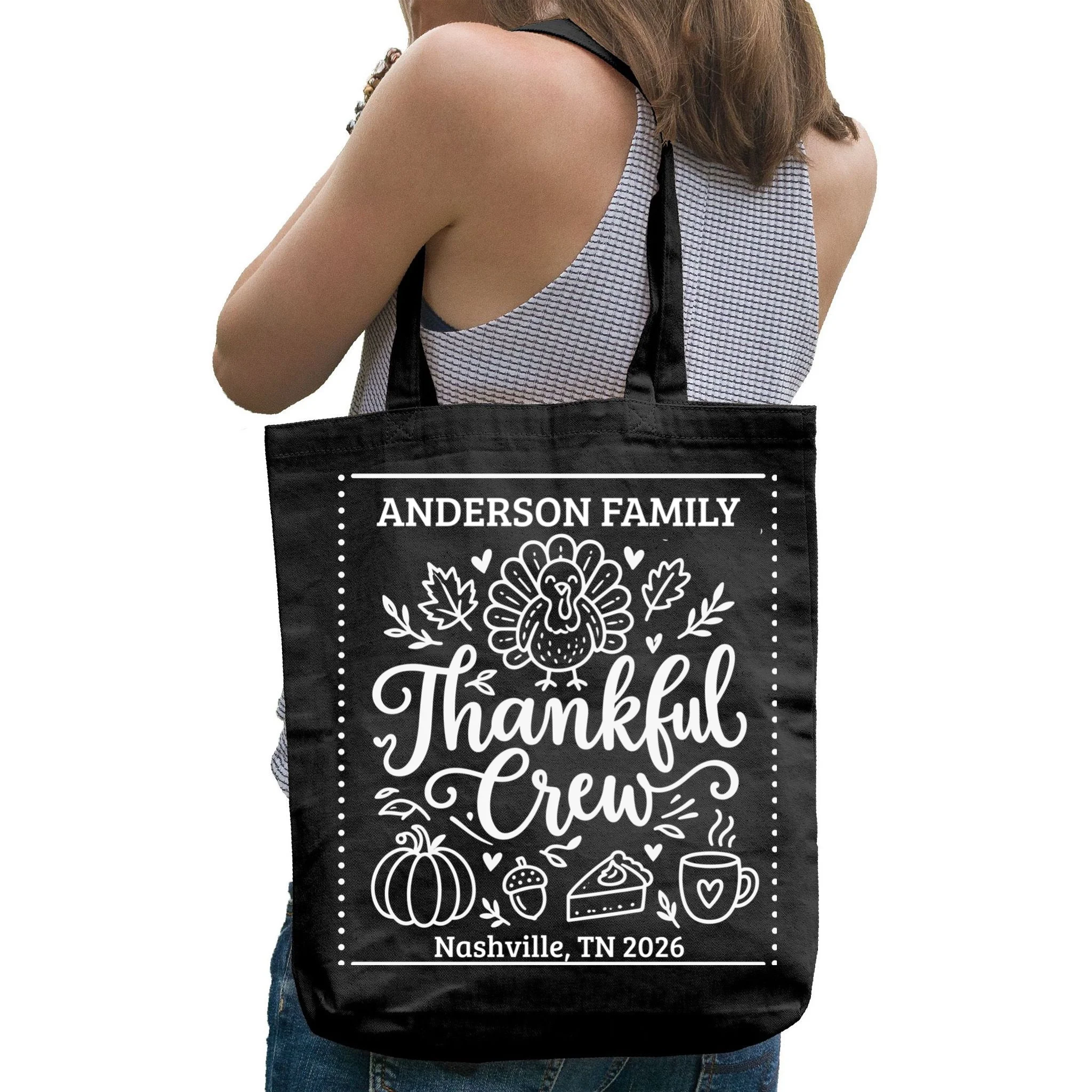 Thanksgiving Family Matching Personalized Name & Location Gift - Thankful Crew Custom Family Design Tote Bag - Back - Close-up