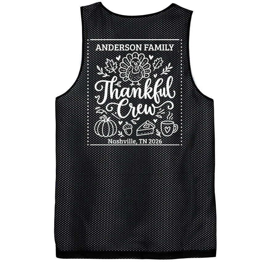 Thanksgiving Family Matching Personalized Name & Location Gift - Thankful Crew Custom Family Design Men's Basketball Jersey - Back - Close-up