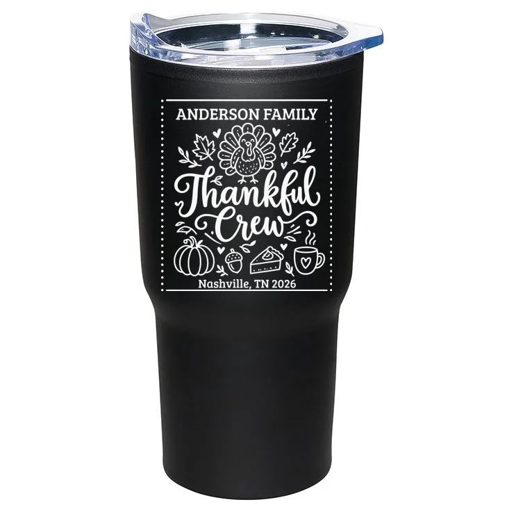 Thanksgiving Family Matching Personalized Name & Location Gift - Thankful Crew Custom Family Design 20oz Tumbler - Back
