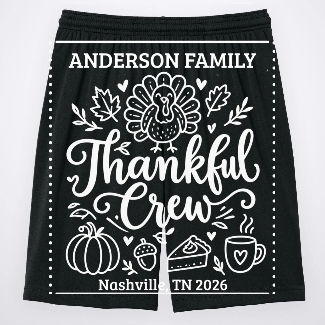 Thanksgiving Family Matching Personalized Name & Location Gift - Thankful Crew Custom Family Design Men's Shorts - Back