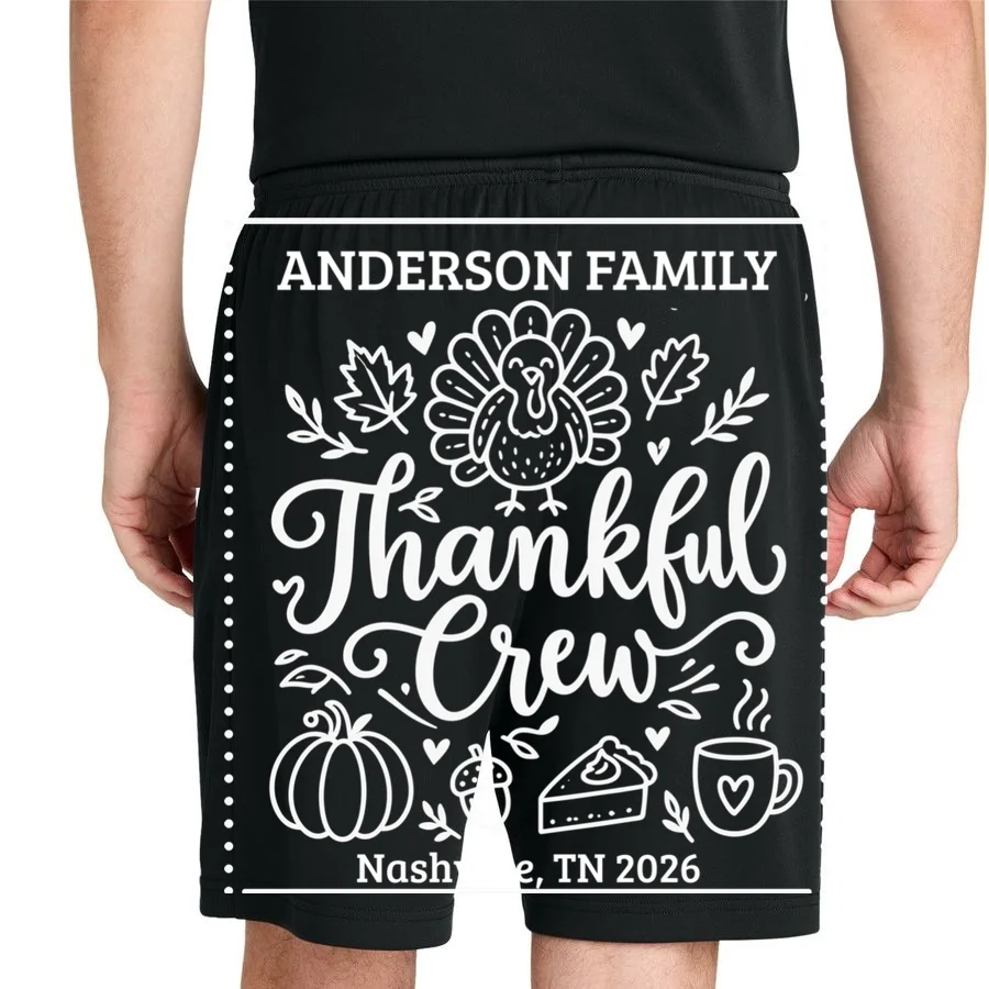 Thanksgiving Family Matching Personalized Name & Location Gift - Thankful Crew Custom Family Design Men's Shorts - Back 1