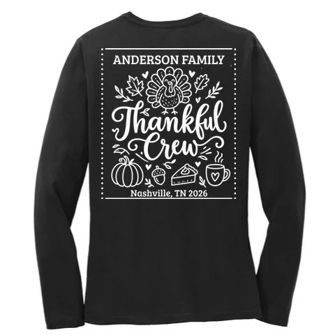 Thanksgiving Family Matching Personalized Name & Location Gift - Thankful Crew Custom Family Design Women's Long Sleeve Shirt - Back - Close-up
