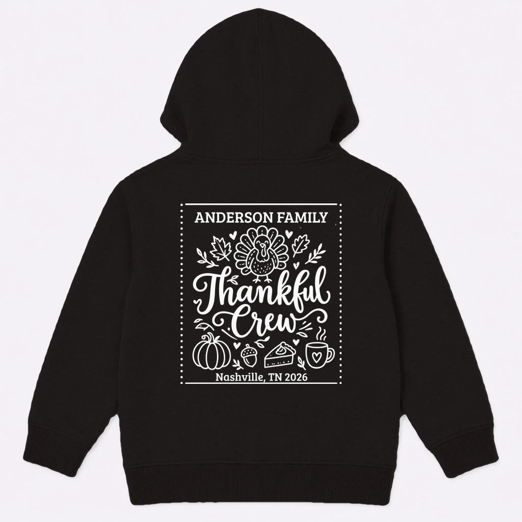 Thanksgiving Family Matching Personalized Name & Location Gift - Thankful Crew Custom Family Design Kids Hoodie - Back