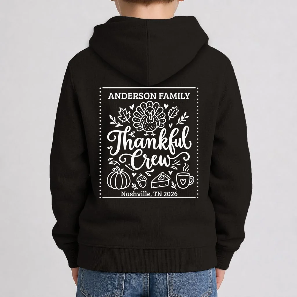 Thanksgiving Family Matching Personalized Name & Location Gift - Thankful Crew Custom Family Design Kids Hoodie - Back 1
