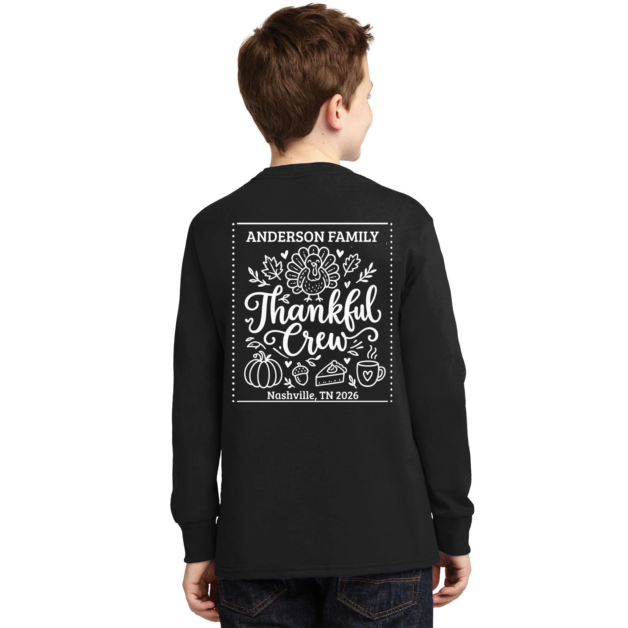 Thanksgiving Family Matching Personalized Name & Location Gift - Thankful Crew Custom Family Design Kids Long Sleeve Shirt - Back - Close-up