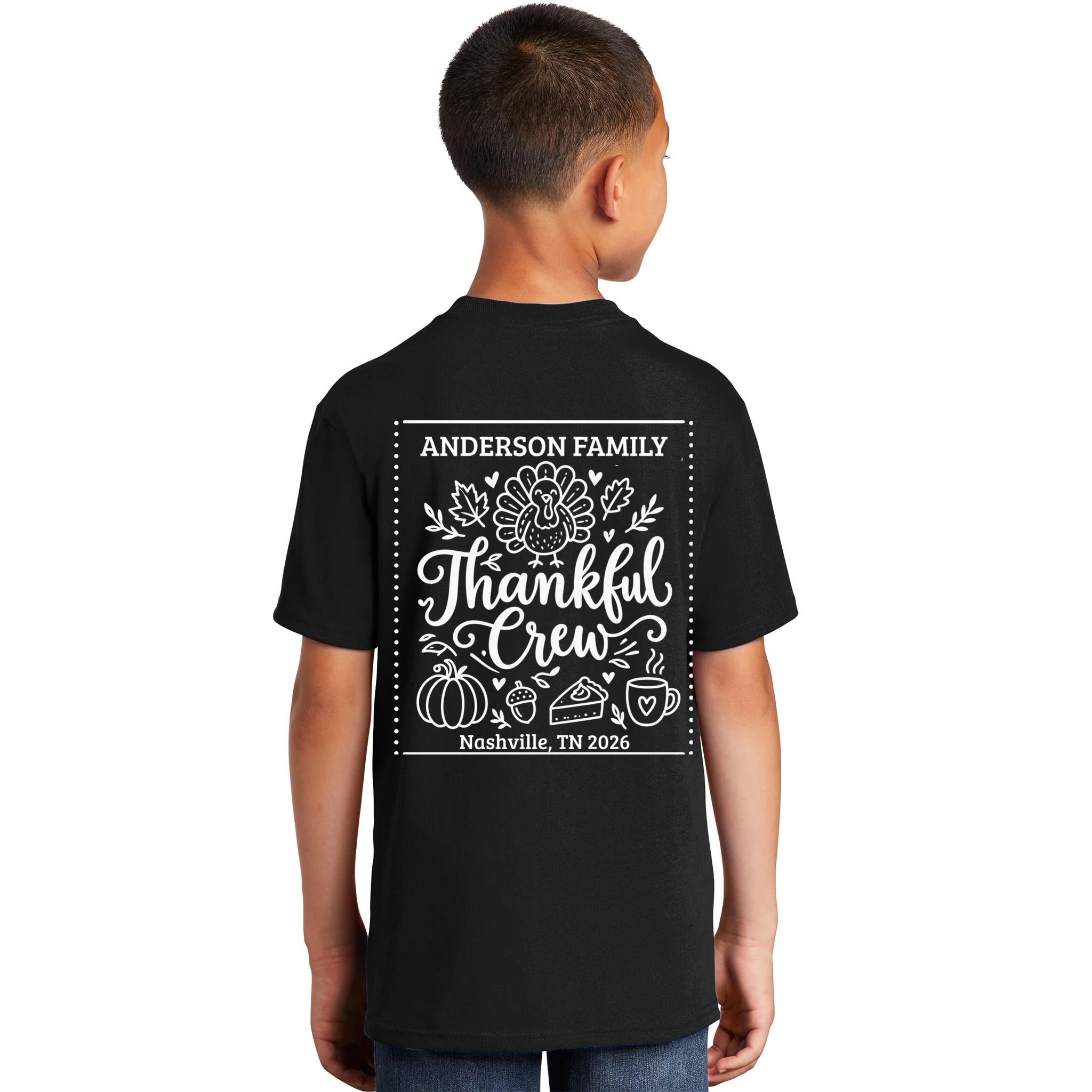 Thanksgiving Family Matching Personalized Name & Location Gift - Thankful Crew Custom Family Design Kids T-Shirt - Back