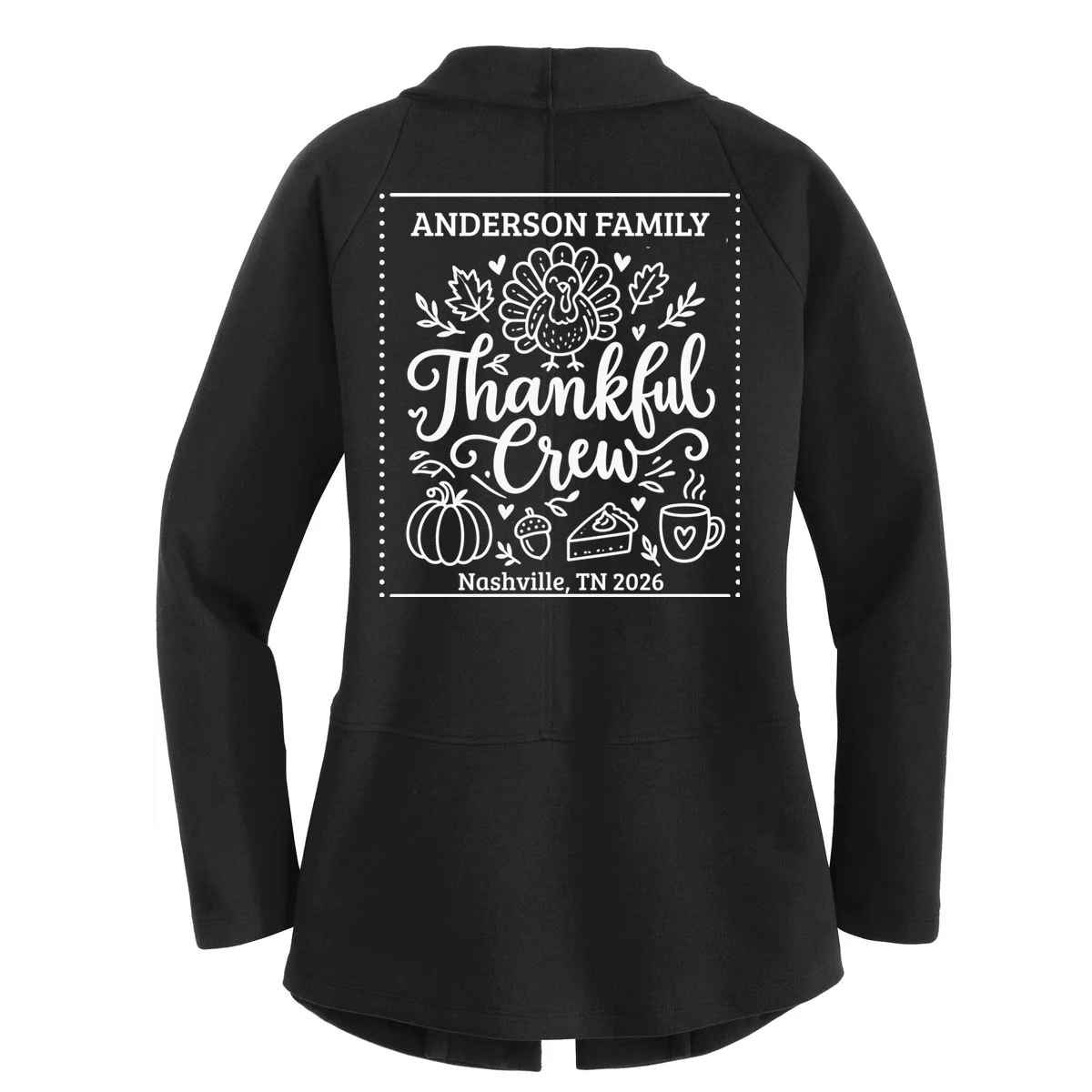 Thanksgiving Family Matching Personalized Name & Location Gift - Thankful Crew Custom Family Design Women's Cardigan - Back - Close-up