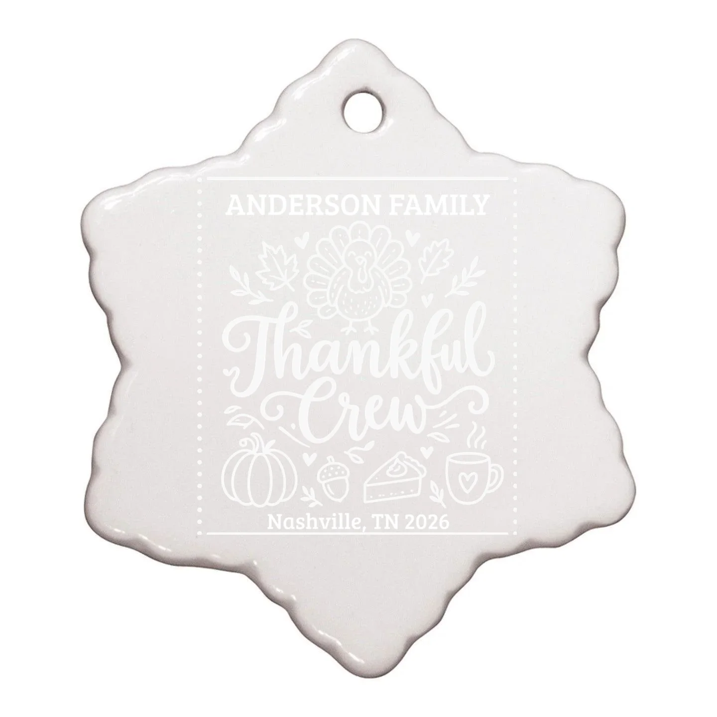 Thanksgiving Family Matching Personalized Name & Location Gift - Thankful Crew Custom Family Design Ornament - Back - Close-up