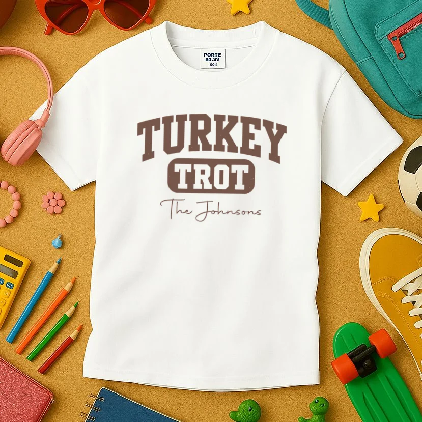 Turkey Trot Personalized Family Name Custom Gift - Thanksgiving Family Text Design Kids T-Shirt - Front 2