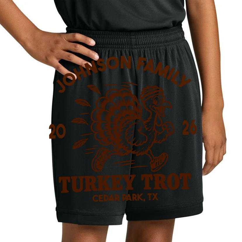 Turkey Trot Personalized Family Name & Place Gift - Custom Thanksgiving Running Turkey Design Kids Shorts - Front 1