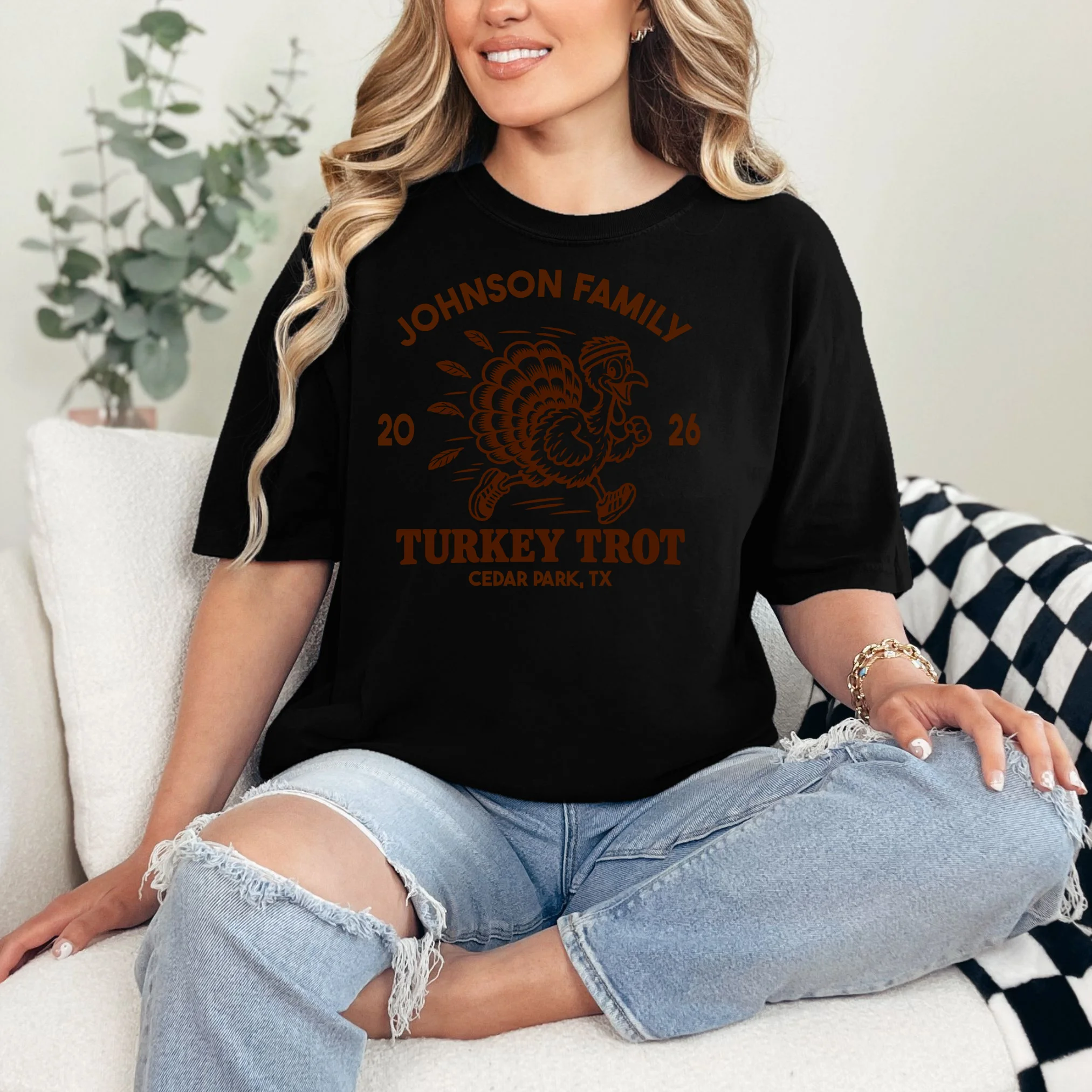 Turkey Trot Personalized Family Name & Place Gift - Custom Thanksgiving Running Turkey Design Comfort Colors Unisex T-Shirt - Front 1