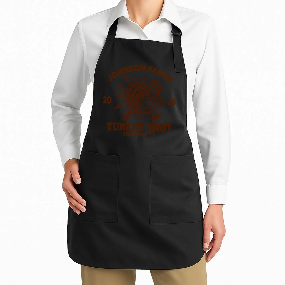Turkey Trot Personalized Family Name & Place Gift - Custom Thanksgiving Running Turkey Design Apron - Front 1