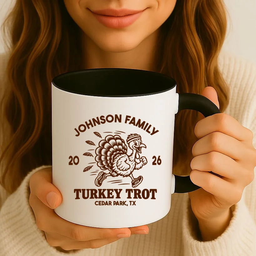 Turkey Trot Personalized Family Name & Place Gift - Custom Thanksgiving Running Turkey Design Mug - Front 2