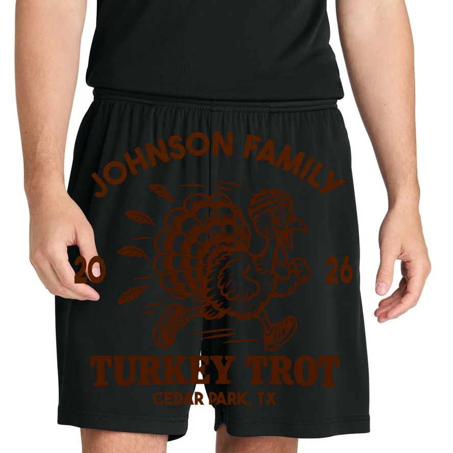 Turkey Trot Personalized Family Name & Place Gift - Custom Thanksgiving Running Turkey Design Men's Shorts - Front 1