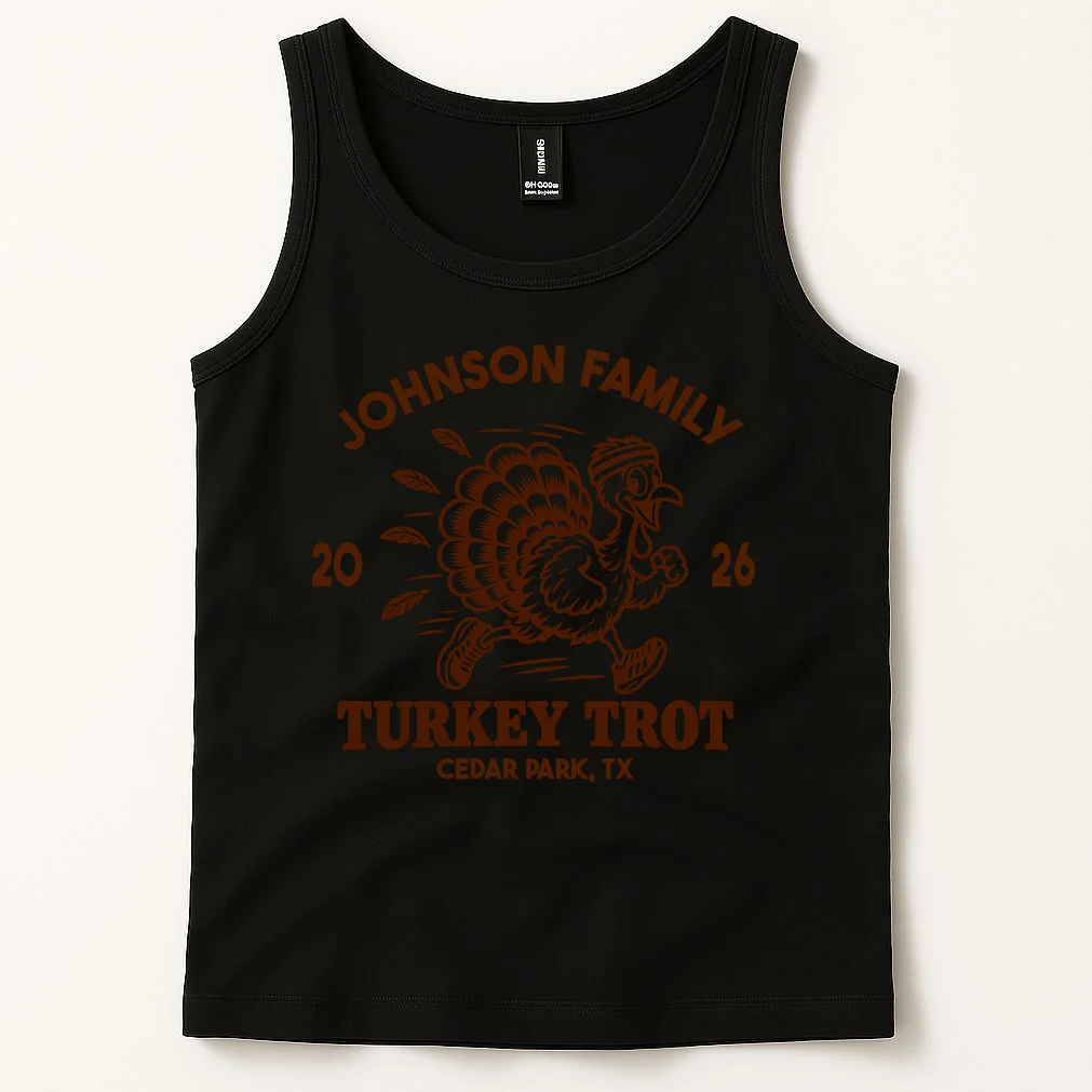 Turkey Trot Personalized Family Name & Place Gift - Custom Thanksgiving Running Turkey Design Men's Tank Top - Front 1