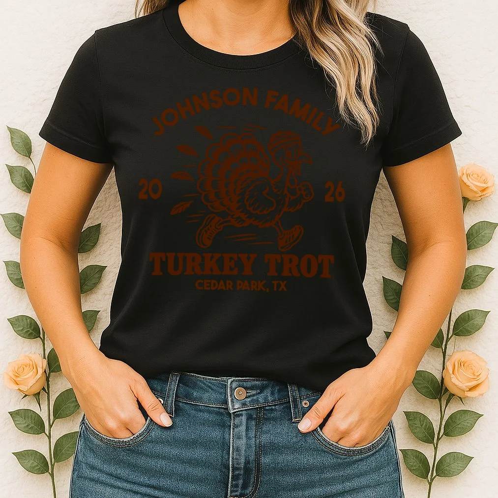 Turkey Trot Personalized Family Name & Place Gift - Custom Thanksgiving Running Turkey Design Women's T-Shirt - Front 1