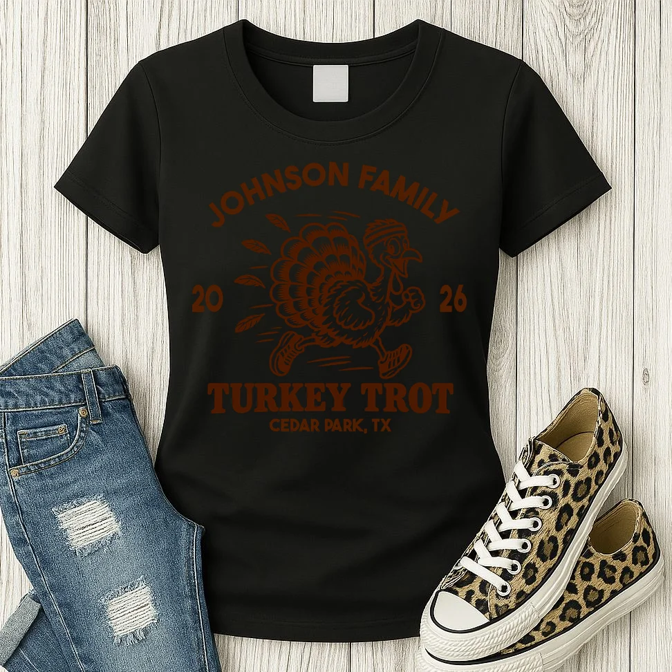 Turkey Trot Personalized Family Name & Place Gift - Custom Thanksgiving Running Turkey Design Women's T-Shirt - Front 2