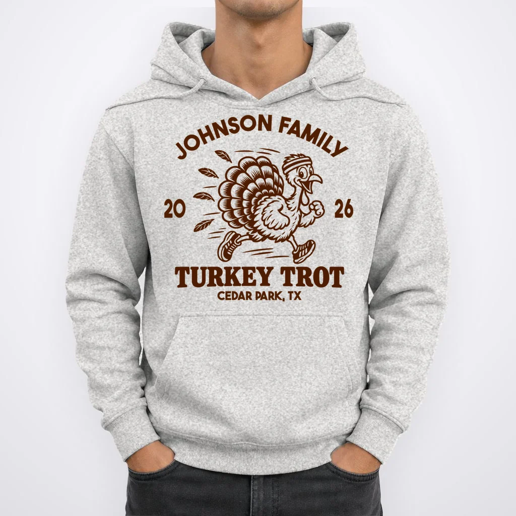 Turkey Trot Personalized Family Name & Place Gift - Custom Thanksgiving Running Turkey Design Men's Hoodie - Front 1