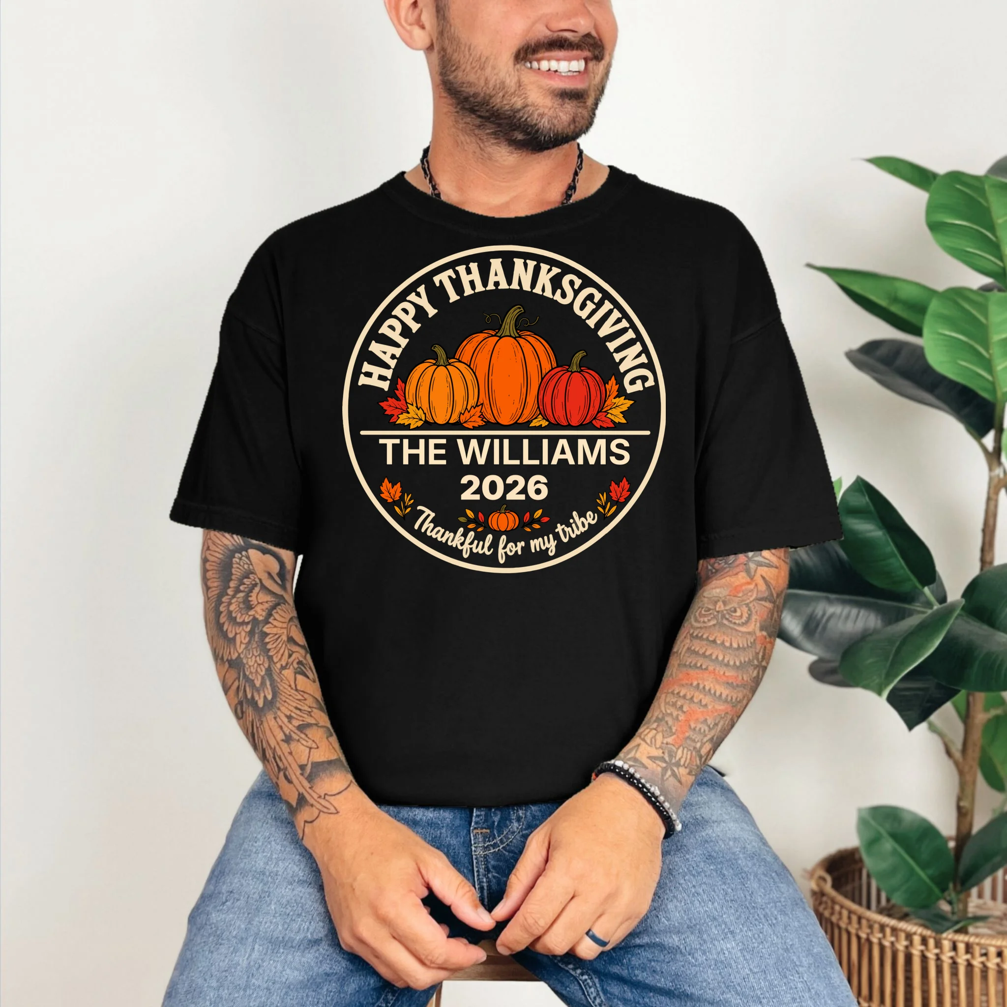 Thanksgiving Family Name & Year Personalized Pumpkin Gift - Thanksgiving pumpkin theme celebrates family, gratitude, and autumn traditions Comfort Colors Unisex T-Shirt - Front 2