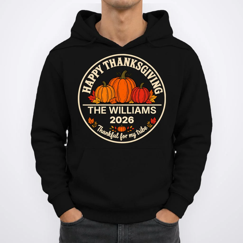 Thanksgiving Family Name & Year Personalized Pumpkin Gift - Thanksgiving pumpkin theme celebrates family, gratitude, and autumn traditions Men's Hoodie - Front 1