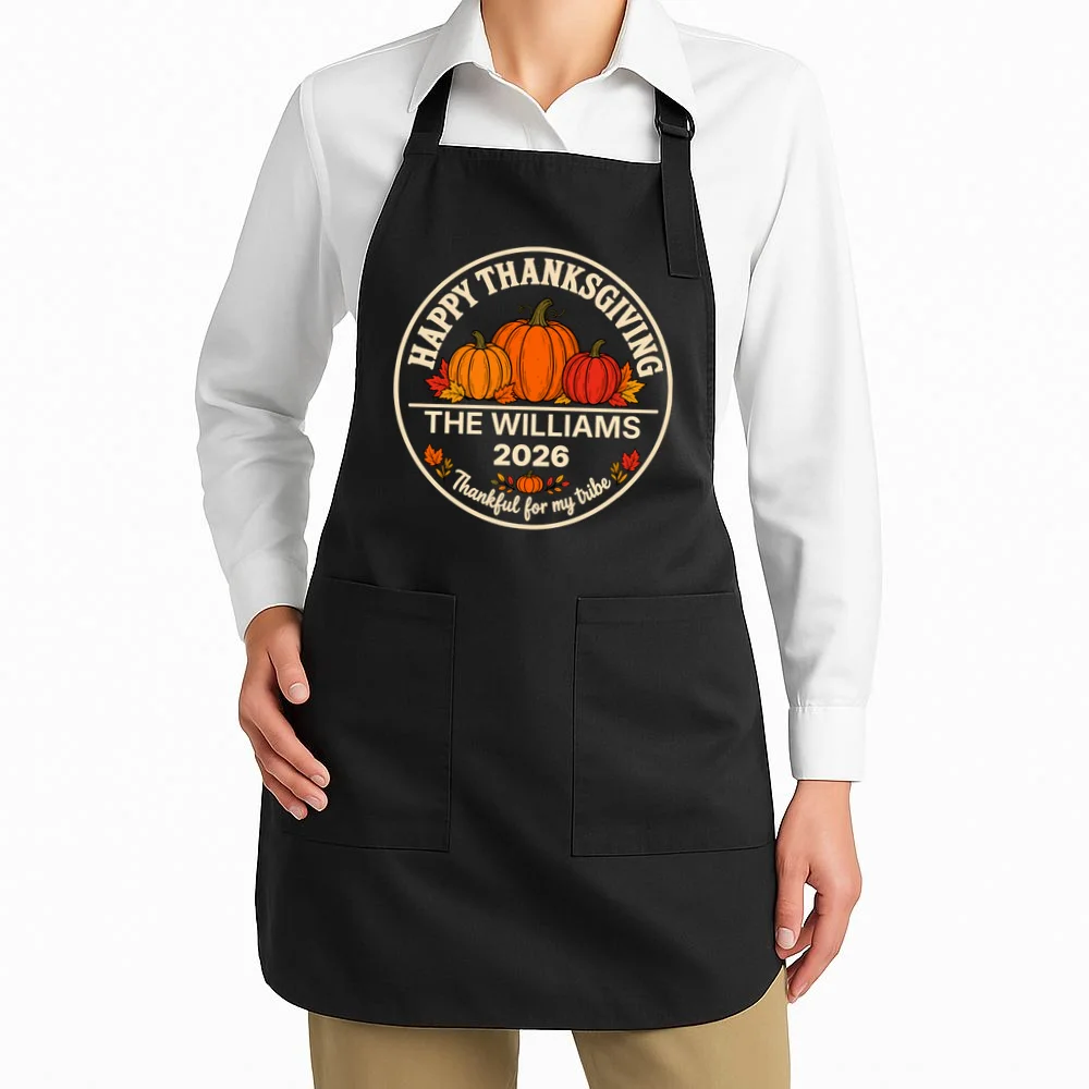 Thanksgiving Family Name & Year Personalized Pumpkin Gift - Thanksgiving pumpkin theme celebrates family, gratitude, and autumn traditions Apron - Front 1