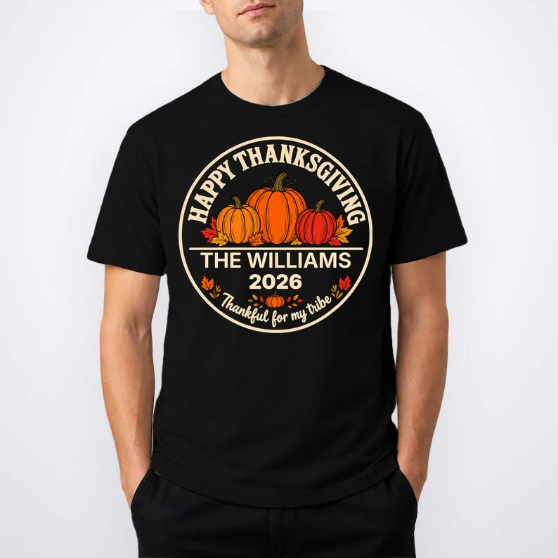 Thanksgiving Family Name & Year Personalized Pumpkin Gift - Thanksgiving pumpkin theme celebrates family, gratitude, and autumn traditions Men's T-Shirt - Front 1