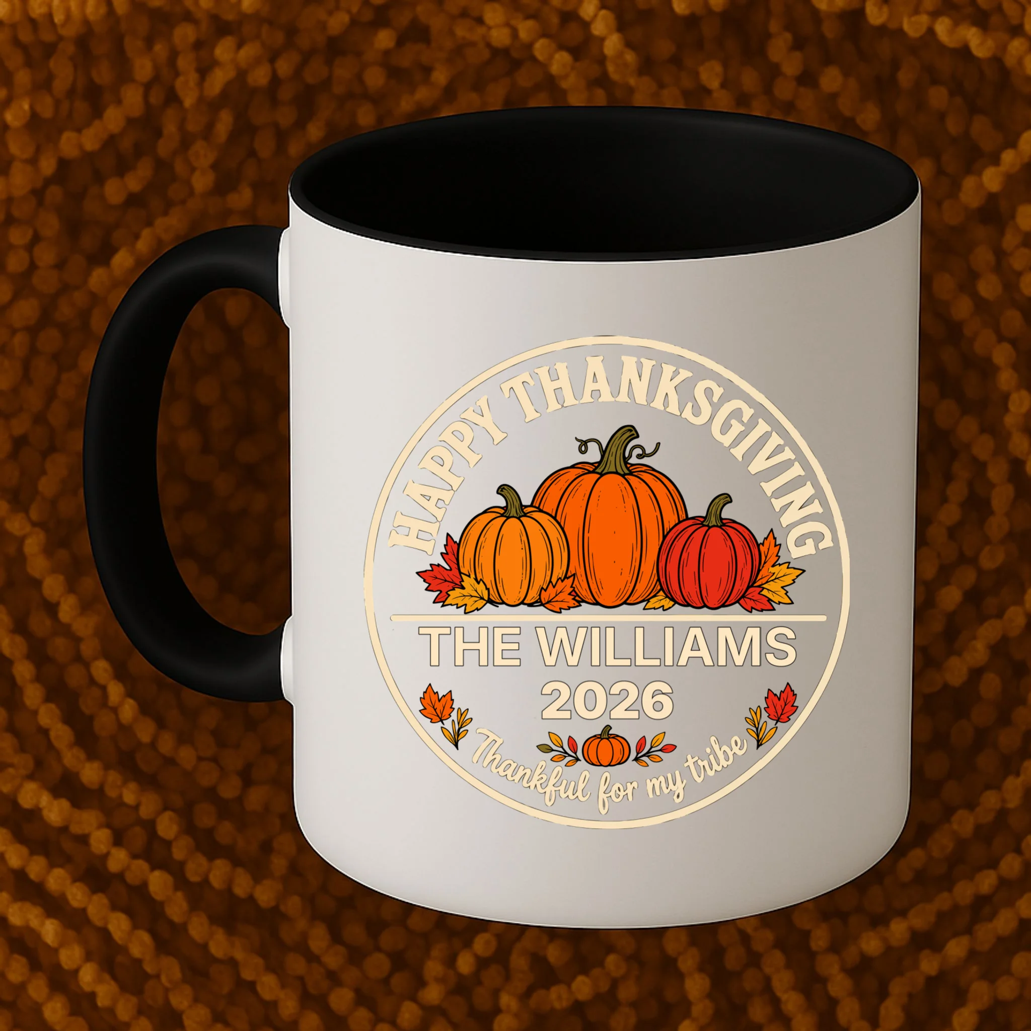 Thanksgiving Family Name & Year Personalized Pumpkin Gift - Thanksgiving pumpkin theme celebrates family, gratitude, and autumn traditions Mug - Front 1