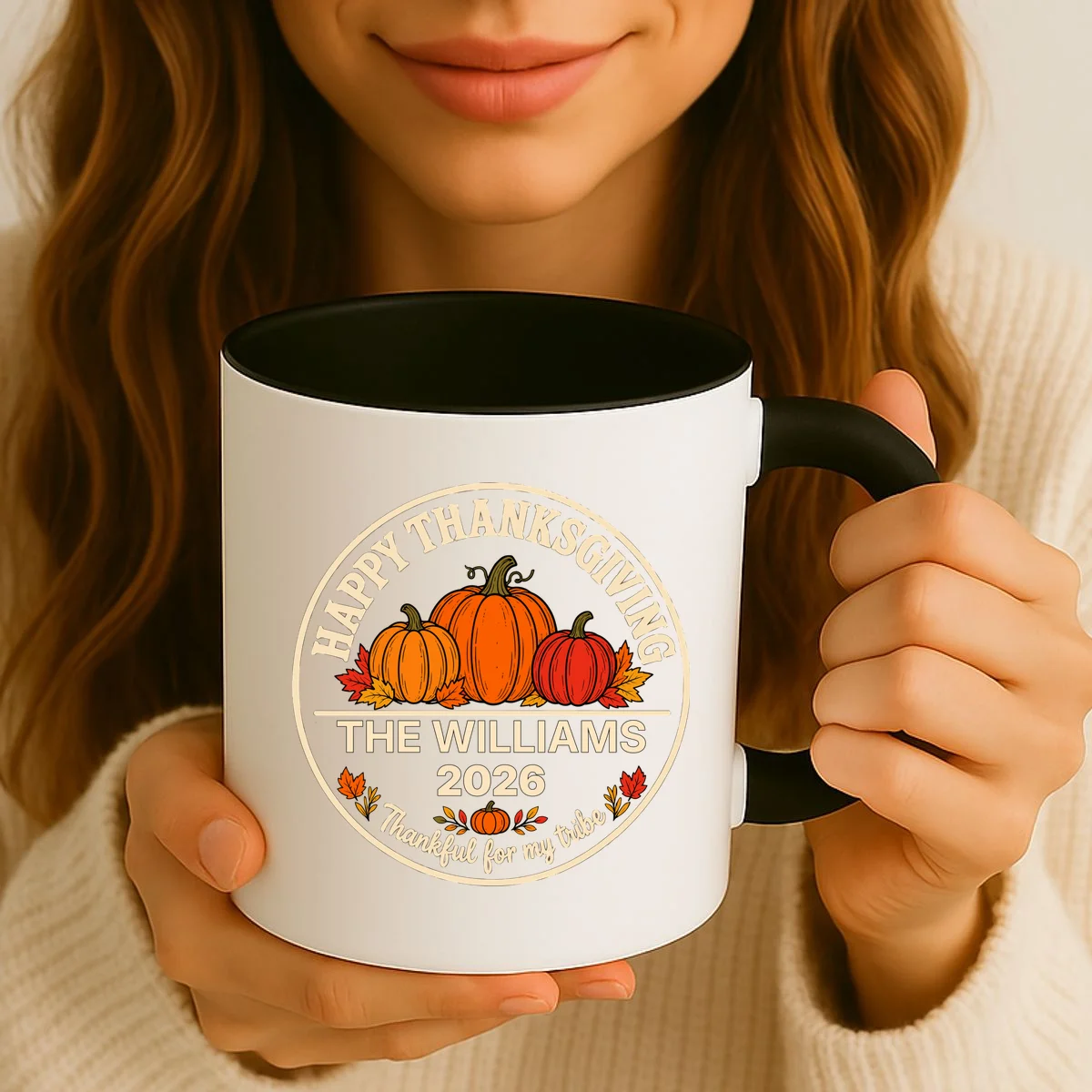 Thanksgiving Family Name & Year Personalized Pumpkin Gift - Thanksgiving pumpkin theme celebrates family, gratitude, and autumn traditions Mug - Front 2
