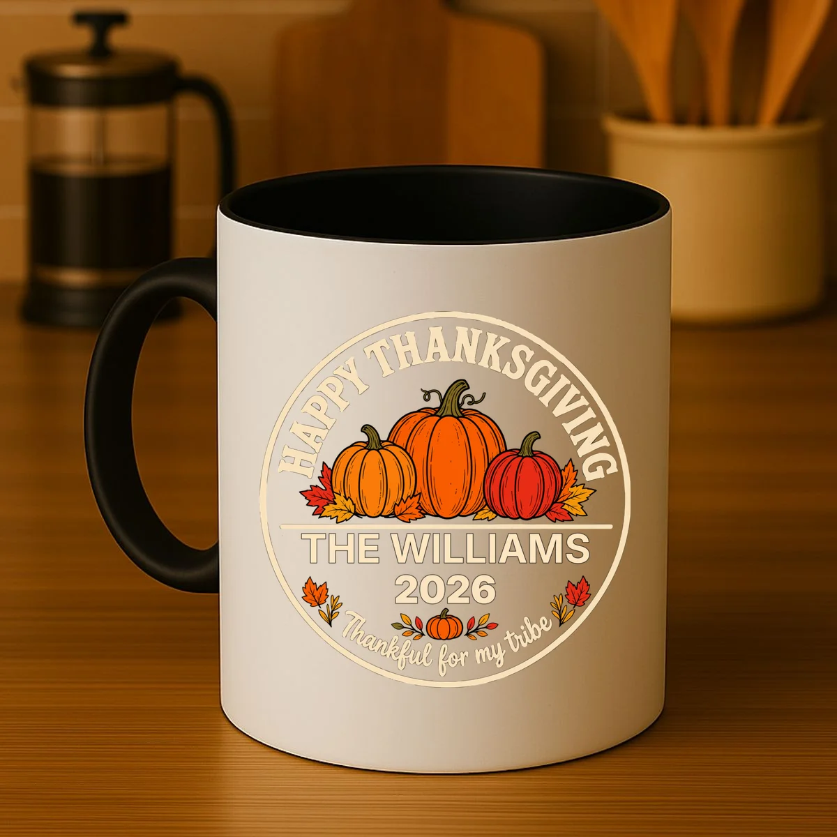 Thanksgiving Family Name & Year Personalized Pumpkin Gift - Thanksgiving pumpkin theme celebrates family, gratitude, and autumn traditions Mug - Front 3