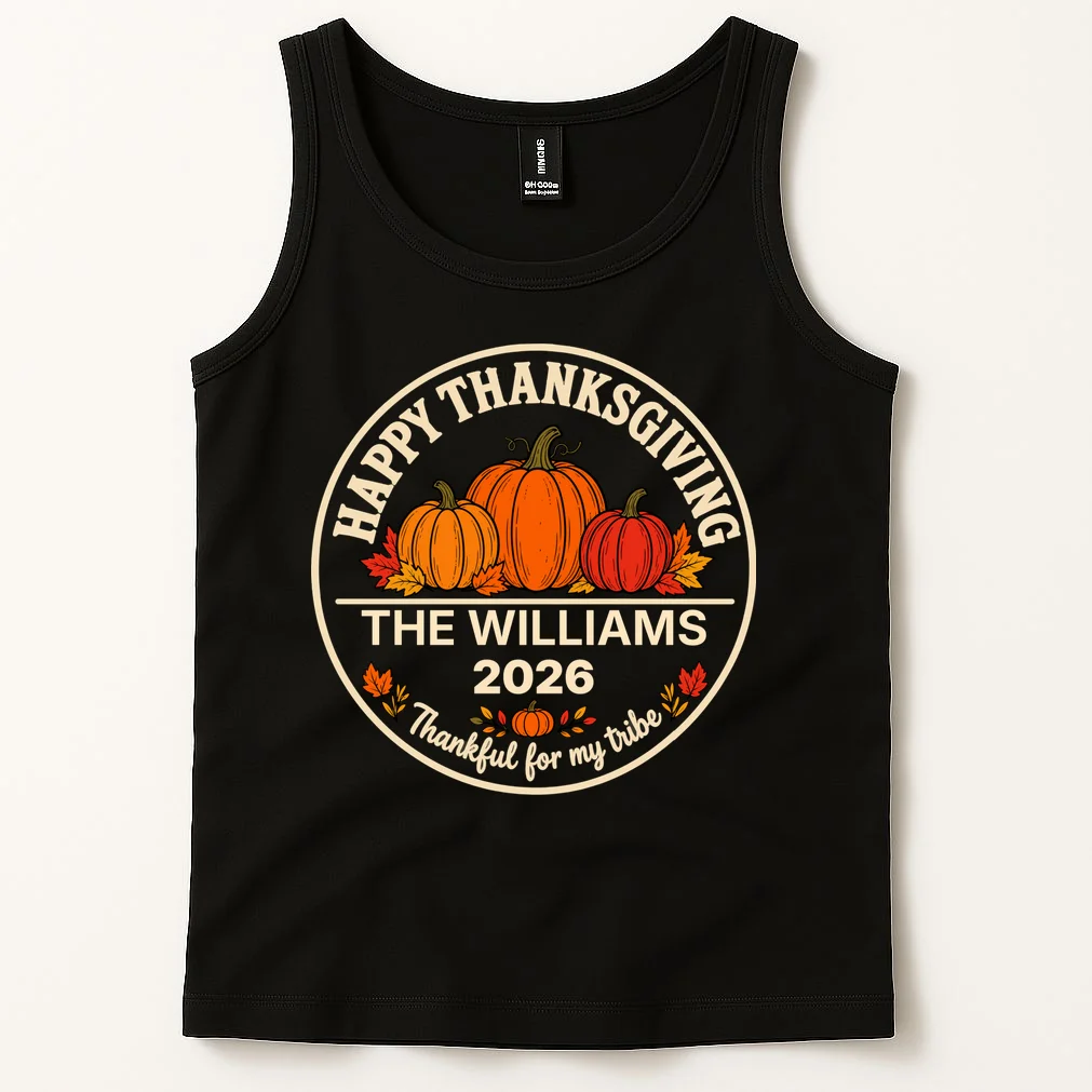 Thanksgiving Family Name & Year Personalized Pumpkin Gift - Thanksgiving pumpkin theme celebrates family, gratitude, and autumn traditions Men's Tank Top - Front 1