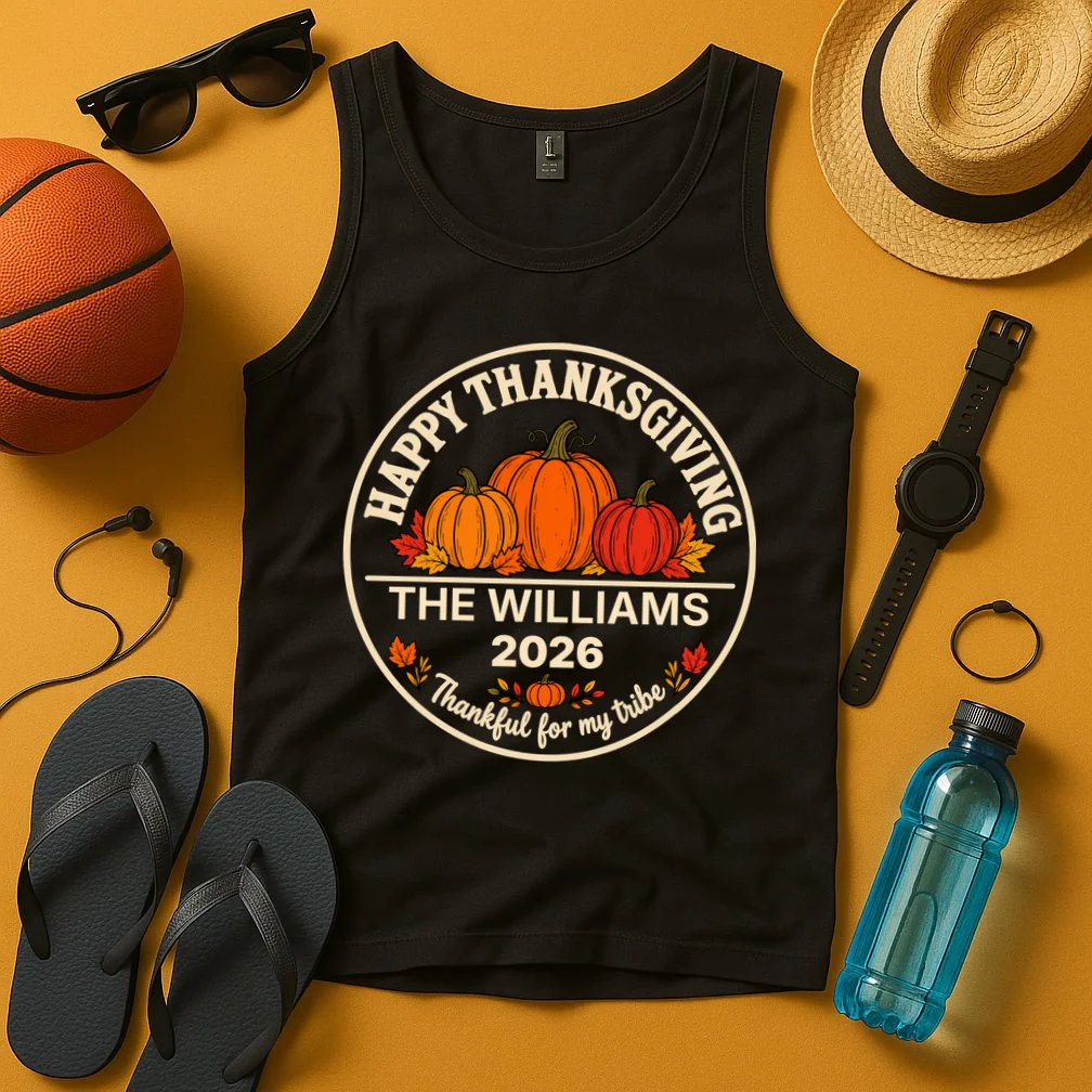 Thanksgiving Family Name & Year Personalized Pumpkin Gift - Thanksgiving pumpkin theme celebrates family, gratitude, and autumn traditions Men's Tank Top - Front 3