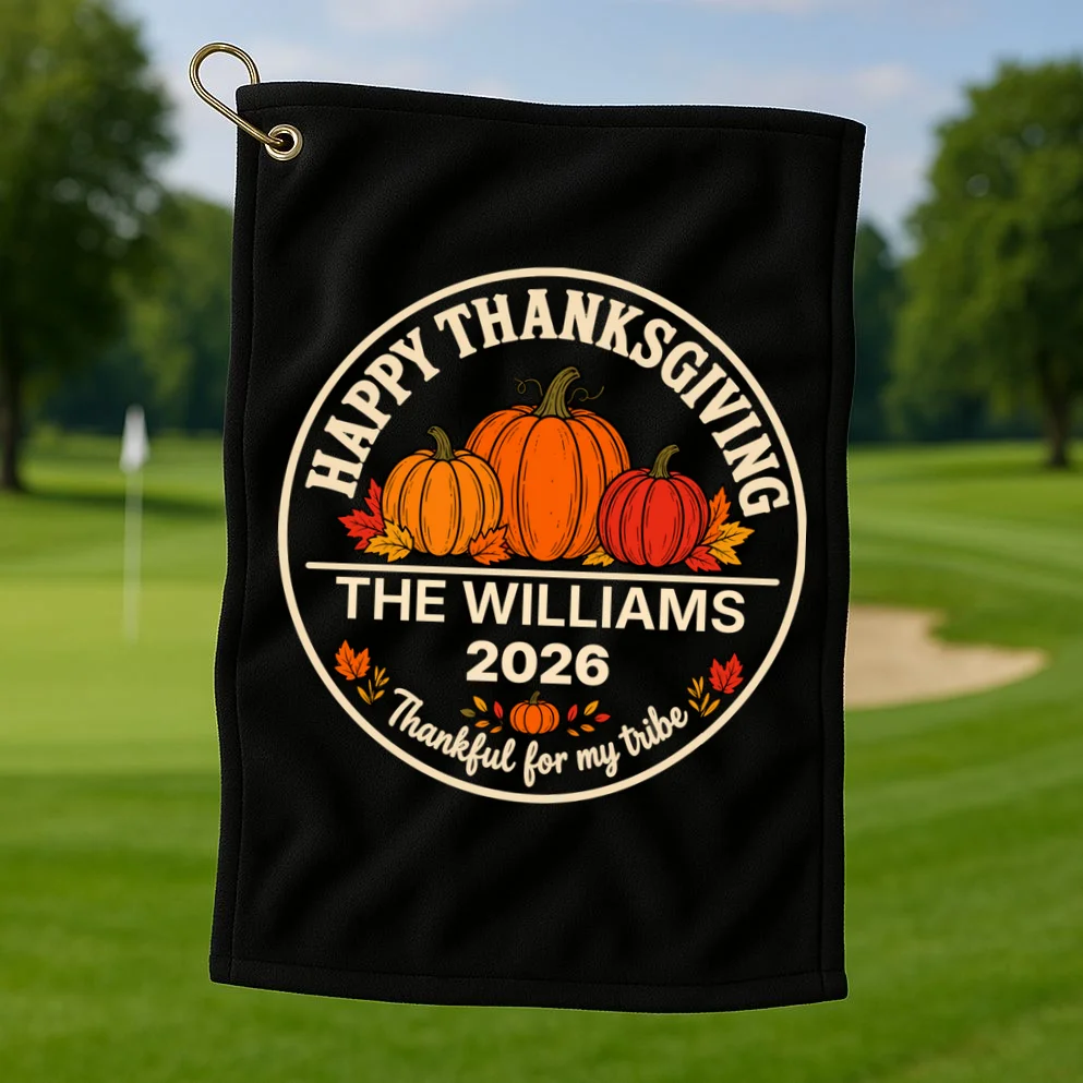 Thanksgiving Family Name & Year Personalized Pumpkin Gift - Thanksgiving pumpkin theme celebrates family, gratitude, and autumn traditions Golf Towel - Front 1