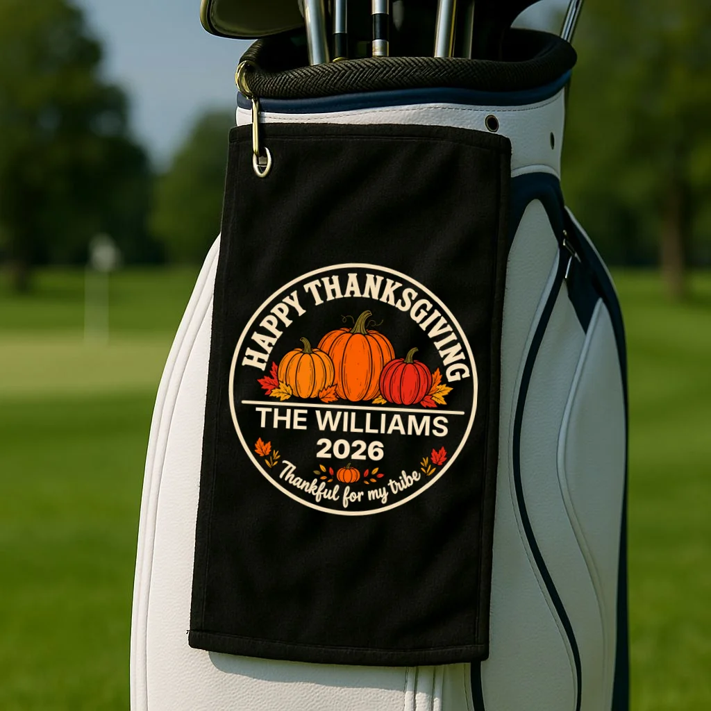 Thanksgiving Family Name & Year Personalized Pumpkin Gift - Thanksgiving pumpkin theme celebrates family, gratitude, and autumn traditions Golf Towel - Front 2