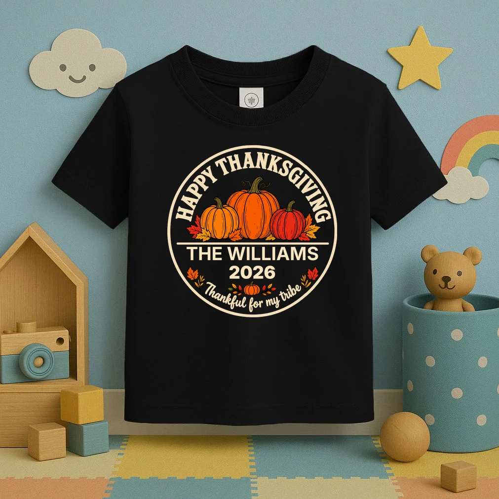 Thanksgiving Family Name & Year Personalized Pumpkin Gift - Thanksgiving pumpkin theme celebrates family, gratitude, and autumn traditions Toddler T-Shirt - Front 2