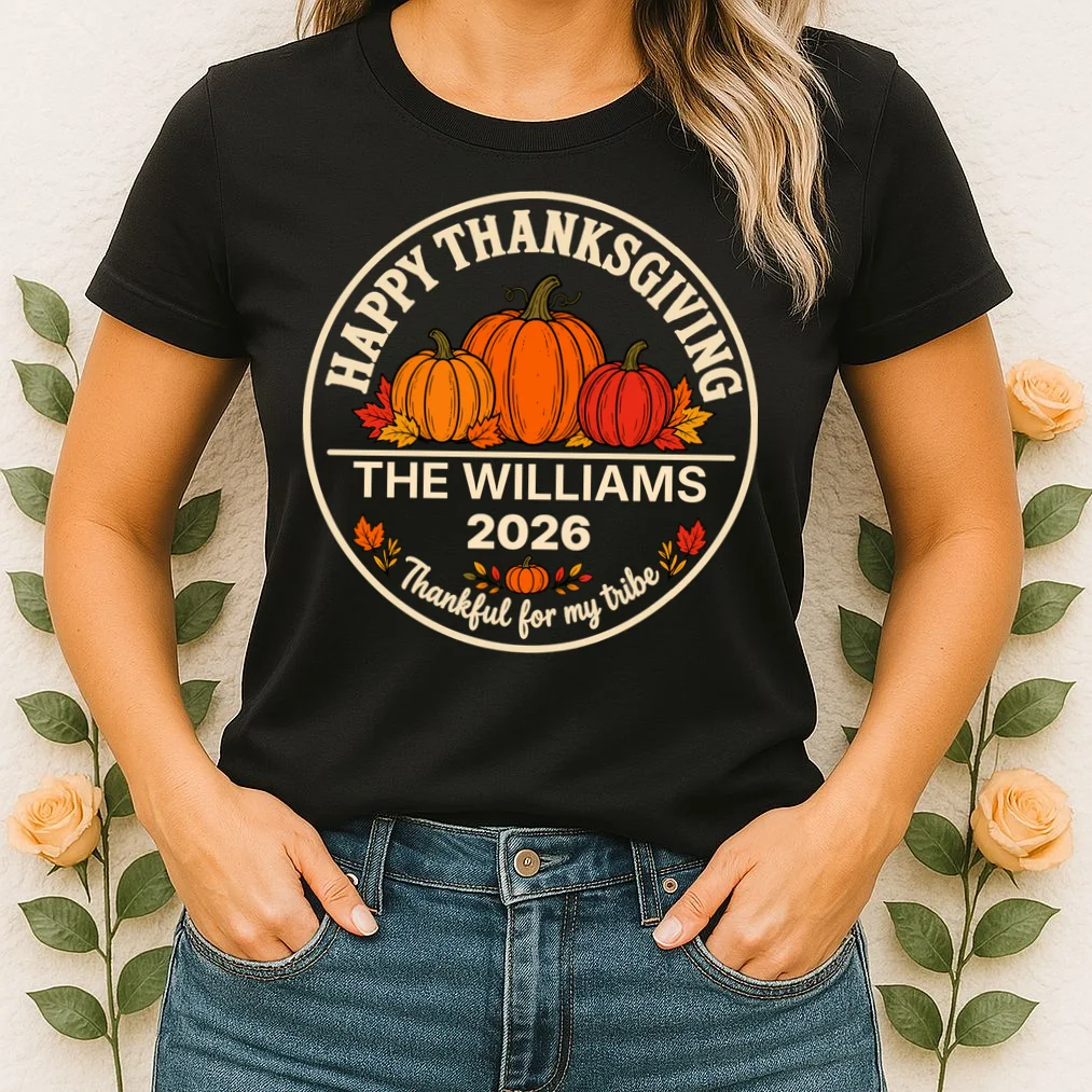 Thanksgiving Family Name & Year Personalized Pumpkin Gift - Thanksgiving pumpkin theme celebrates family, gratitude, and autumn traditions Women's T-Shirt - Front 1