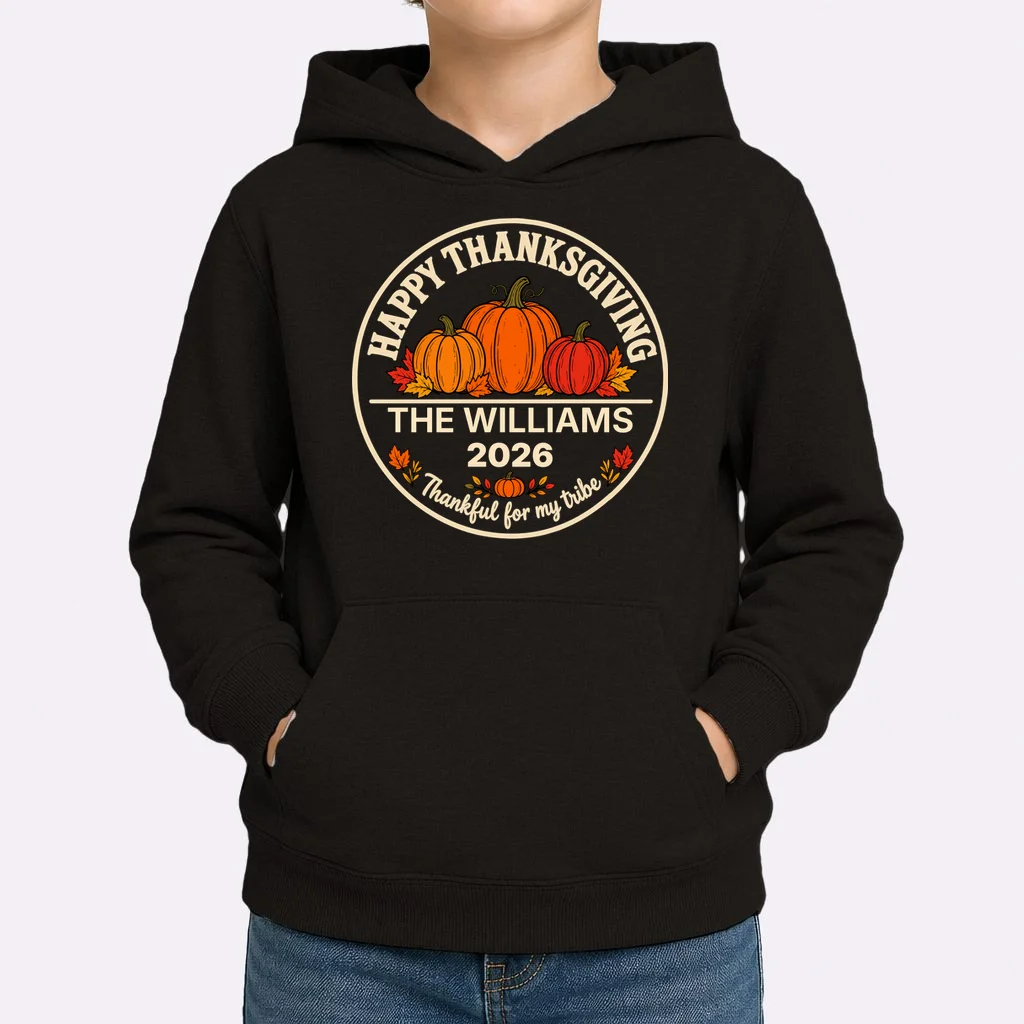 Thanksgiving Family Name & Year Personalized Pumpkin Gift - Thanksgiving pumpkin theme celebrates family, gratitude, and autumn traditions Kids Hoodie - Front 1