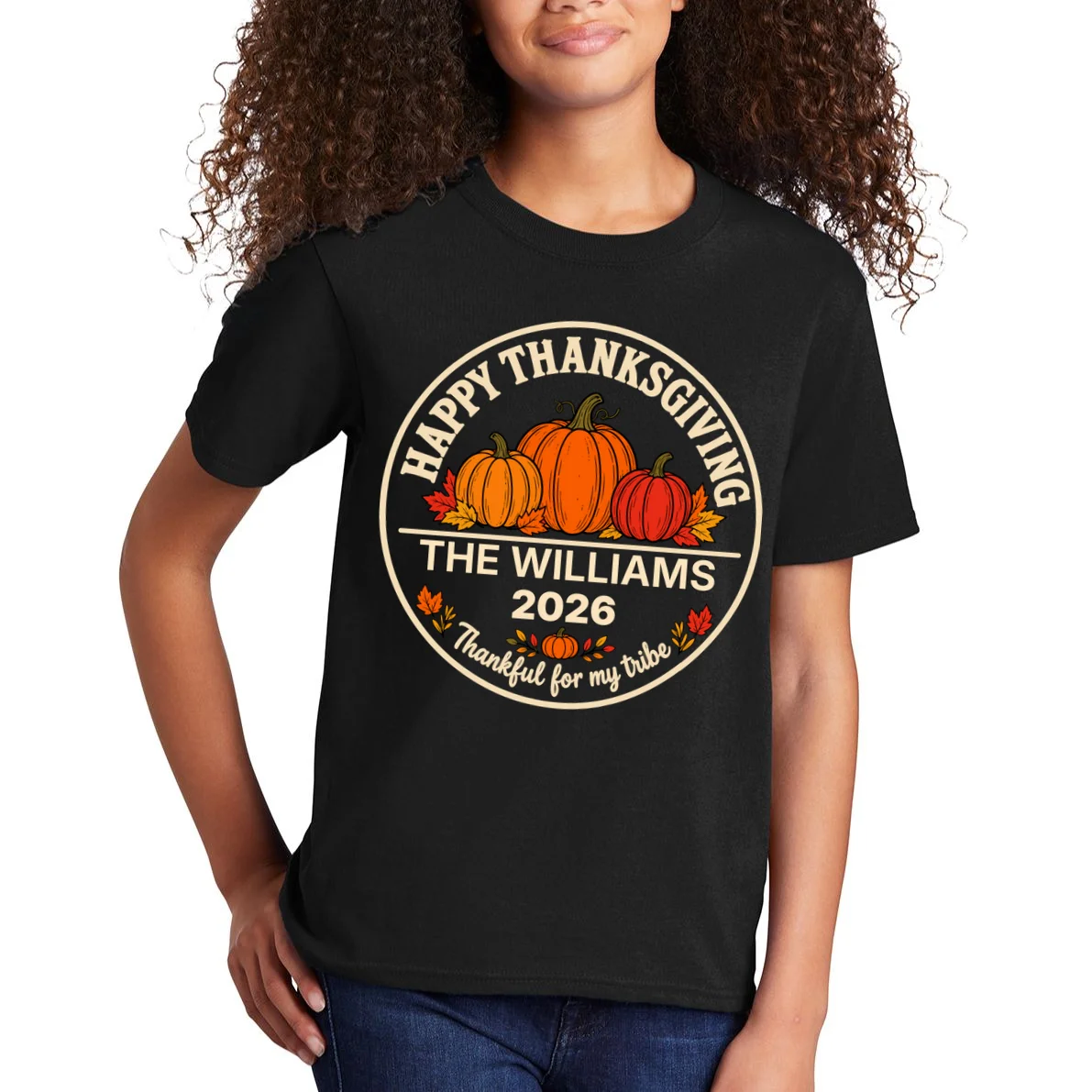 Thanksgiving Family Name & Year Personalized Pumpkin Gift - Thanksgiving pumpkin theme celebrates family, gratitude, and autumn traditions Kids T-Shirt - Front 1