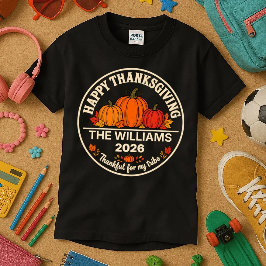 Thanksgiving Family Name & Year Personalized Pumpkin Gift - Thanksgiving pumpkin theme celebrates family, gratitude, and autumn traditions Kids T-Shirt - Front 2